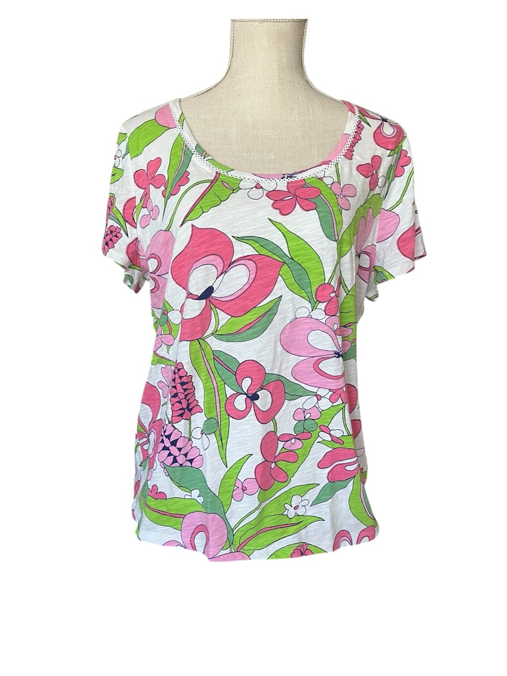 Talbots Floral Scoop Neck Cotton Top Pink Green Preppy Summer Blouse XL